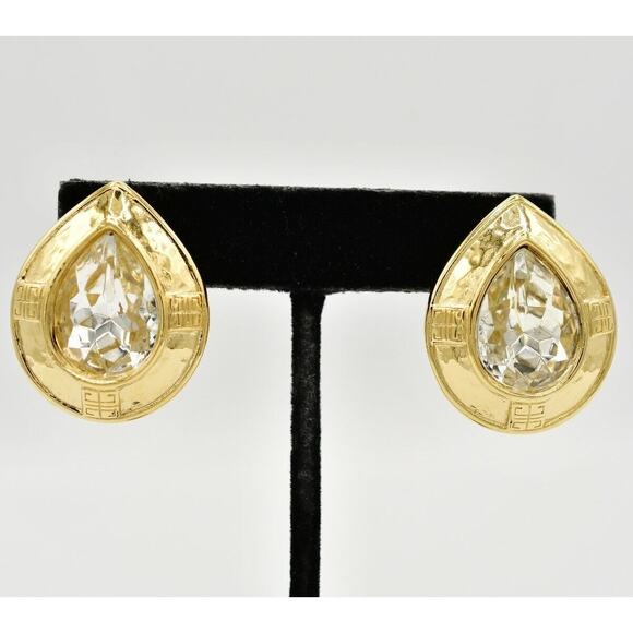 Givenchy Vintage Logo Clip On Earrings Gold 4G Crystal Chunky Signed 1980s BinW - Picture 1 of 10